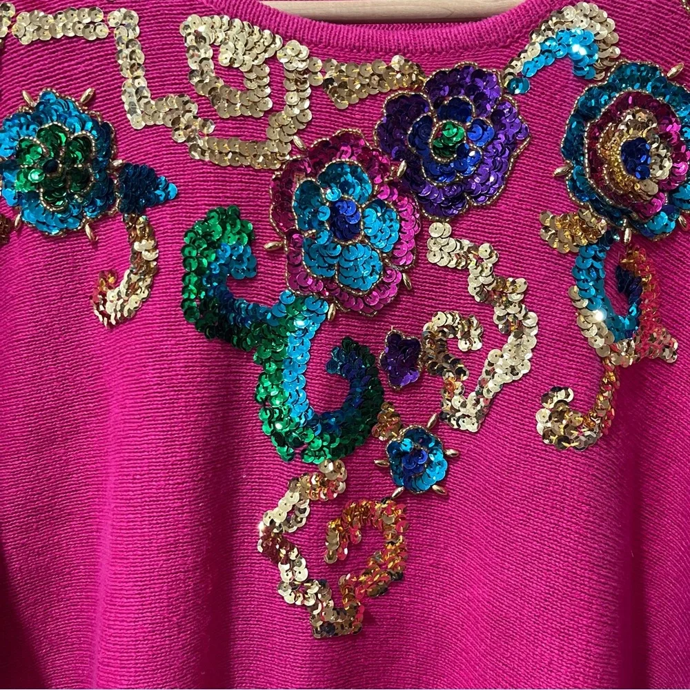 Vintage‎ SML Glitz 80s Pink Knit Sequin Funky Cotton Blend Sweater sz XL.